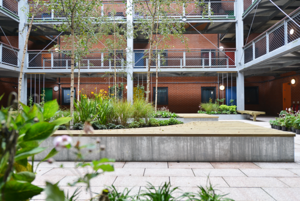 Mayfair Court central court area with wooden seating areas surrounded by greenery and flowers